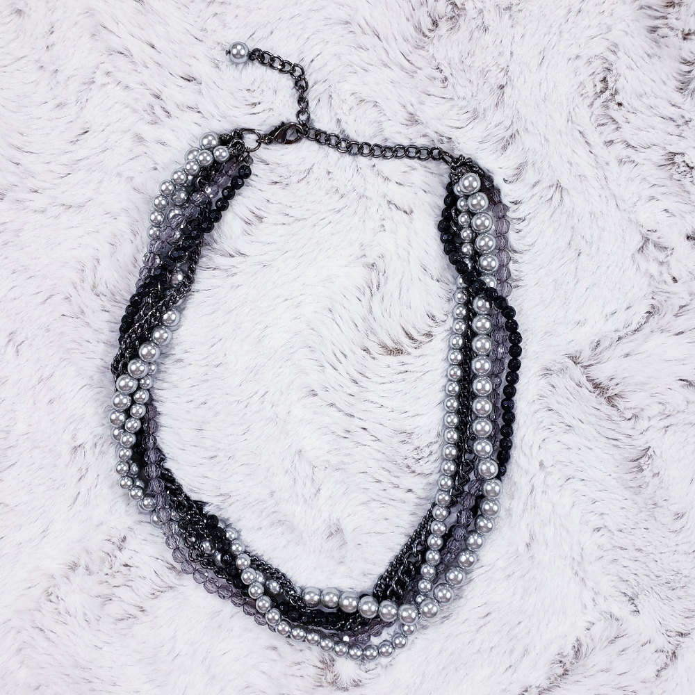 Premiere Designs Black Silver Beaded Necklace LIKE NEW